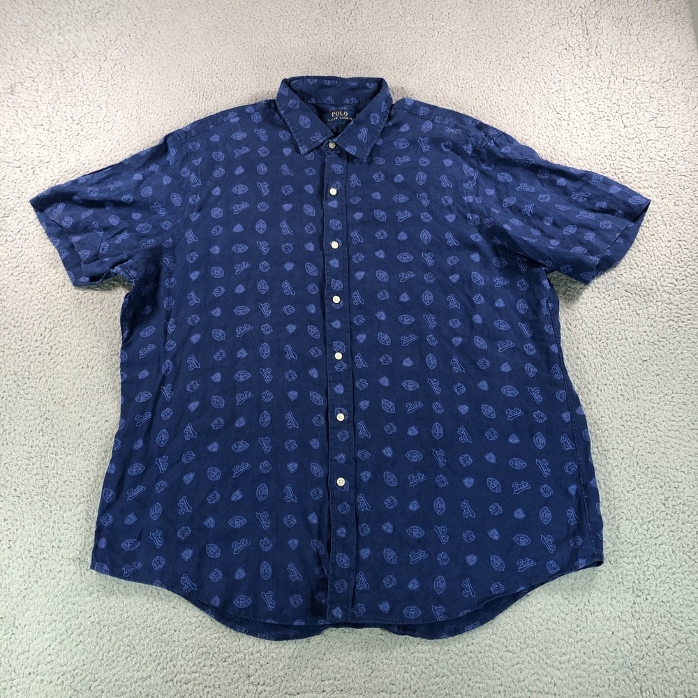 Polo Ralph Lauren Shirt Mens Extra Large 100% Linen Bulldog Rugby Ball AOP Logo